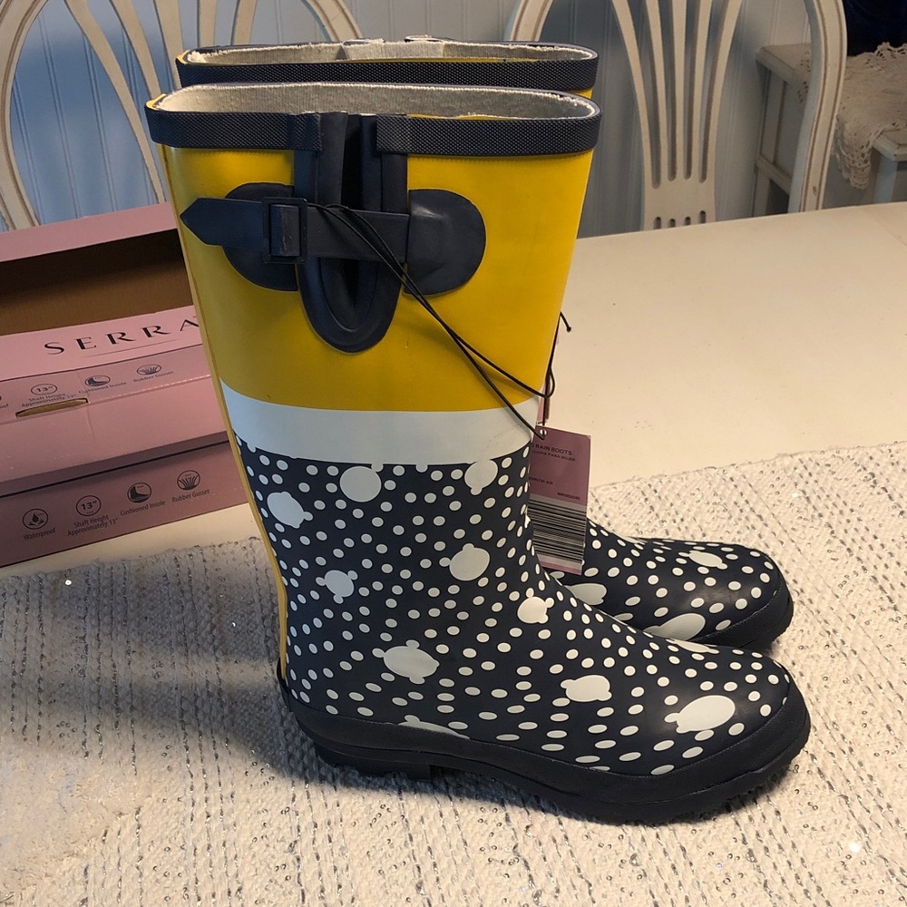 Serra Yellow & Navy blue Polka Dot Ladies' Rain rubber Boots - Picture 6 of 14